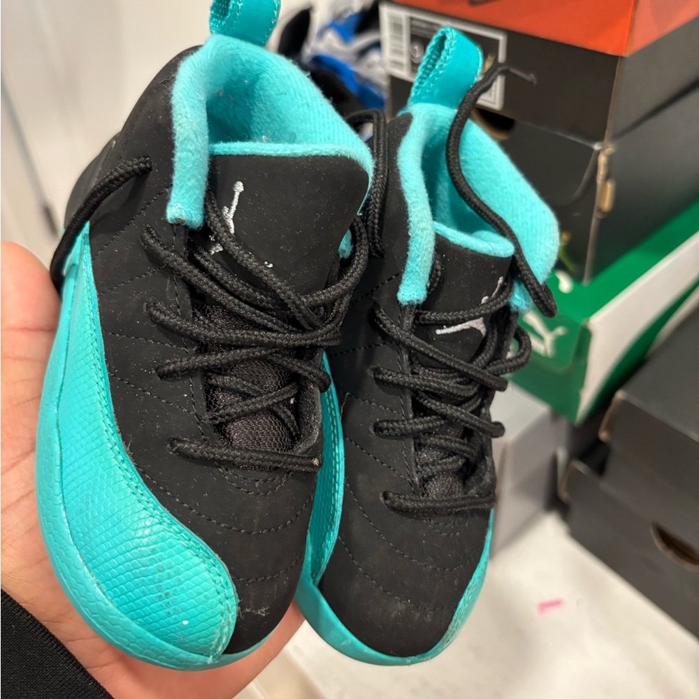 Jordan 12 Kids Black and Blue Sneakers